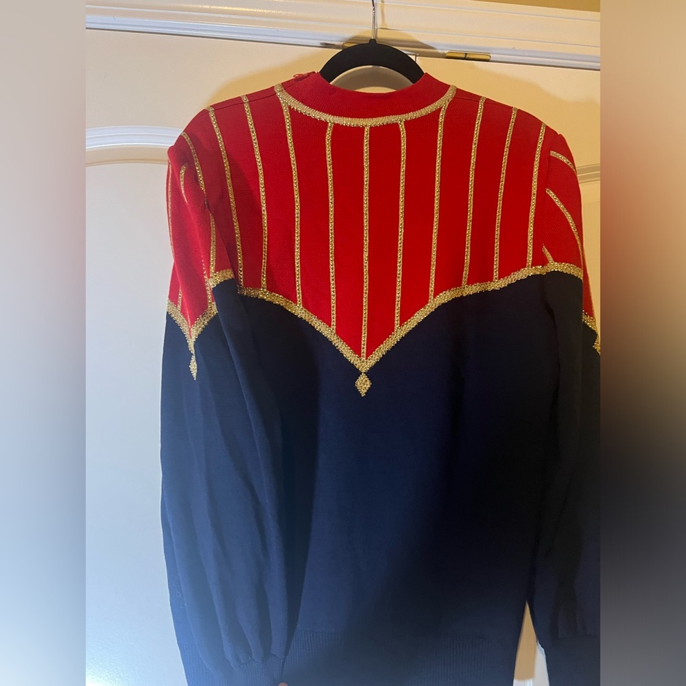 Vintage St. John Evening Santana Knit Mock Neck Sweater Womens Size 10 Red Navy - Picture 2 of 7